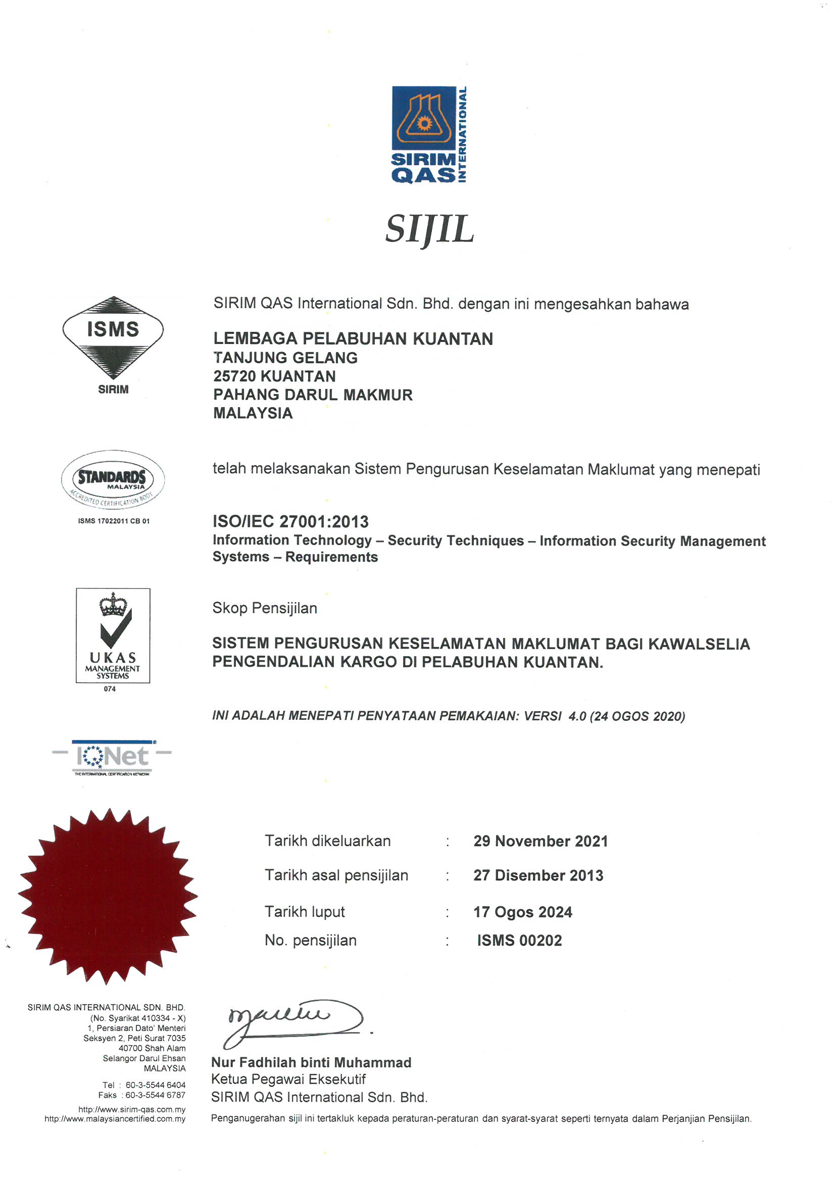 Sijil ISMS ISOIEC 270012013 – Lembaga Pelabuhan Kuantan