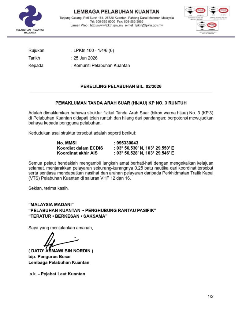 Pekeliling Pelabuhan Kuantan No.2 2026 Pemakluman Bikon KP NO 3 Runtuh page 0001