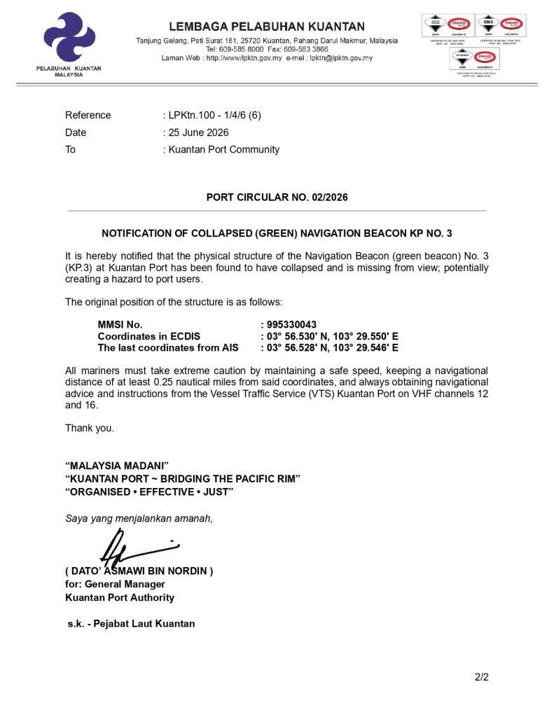 Pekeliling Pelabuhan Kuantan No.2 2026 Pemakluman Bikon KP NO 3 Runtuh page 0002